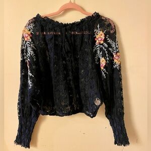 Free People Embroidered Navy Top